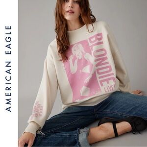 AMERICAN EAGLE OVERSIZED BLONDIE GRAPHIC RELAXED FIT CREAM AND PINK SWEATSHIRT